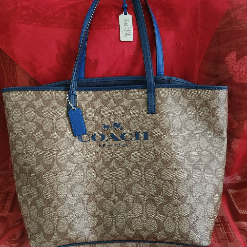 Coach Tan Signature Canvas Tote with Blue Trim